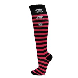 Skull Pattern Fashion Women/Ladies Stylish Stripes Knee High Socks - Black/Hot Pink / 3 Skulls