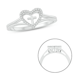 1/20cttw Diamond Heart with Cross Promise Ring for Women in 925 Sterling Silver, Women's Cross Ring Accented with Heart Shape and White Diamonds, Sterling Silver Open Heart and Cross Promise Ring
