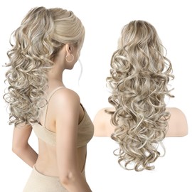Flufymooz Ponytail Extension, 18 inch Wavy Curly Claw Clip Ponytail Extension Clip on Ponytails Natural Synthetic Hairpiece for Women Daily Wear (Light Coffee with White Blonde Highlight)