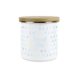 Purely Home Aqua Polka Dots Spots Decaf Tea Canister - White Metal Enamel Kitchen Food Storage Container