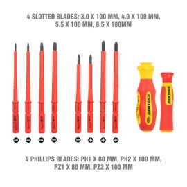 OEMTOOLS 22593 10 Piece Insulated Screwdriver Set, 4 Flathead Screwdrivers, 4 Phillips Screwdrivers, Interchangeable Blades And Electrician Tool Pouch