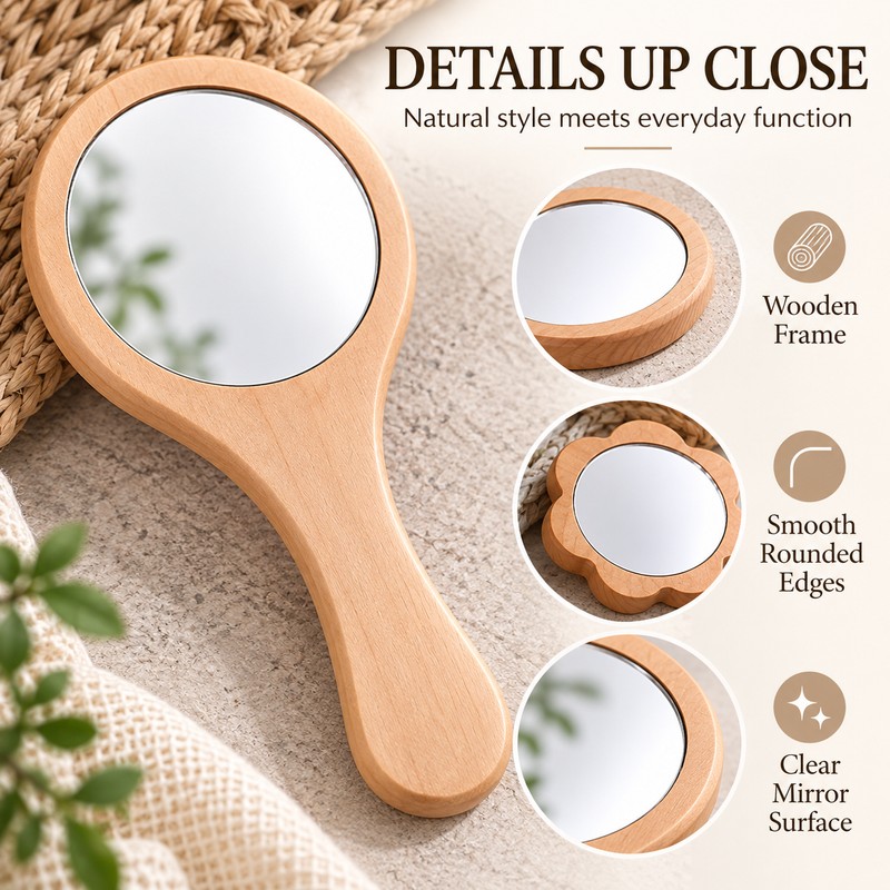 Wooden Hand Mirror for Makeup & Grooming – Portable Handheld