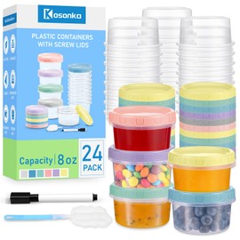 Kosonka 24 Piece 8 oz Plastic Food Storage Containers with Lids, Reusable Freezer Storage Containers, Small Meal Prep Containers with Pen and Brush, BPA-Free, Screw Top, Microwave & Dishwasher Safe