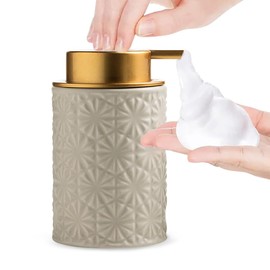 Elegant Foaming Soap Dispenser, Designed with Flower-Shaped Emboss, Ceramic Gold Hand Soap Dispenser for Bathroom (Khaki)