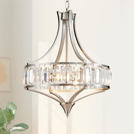 Cabvope Crystal Dining Room Chandelier Light Fixture, Modern Round Brushed Nickel Chandeliers for Kitchen Hallway Bedroom Foyer Living Room, 4-Light Farmhouse Adjustable Height Hanging Light, 16 Inch