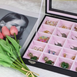 Stratalife Jewelry Organizer - Earring Holder, Tray & Storage for Women & Girls - 30 Grid (Pink & Black)