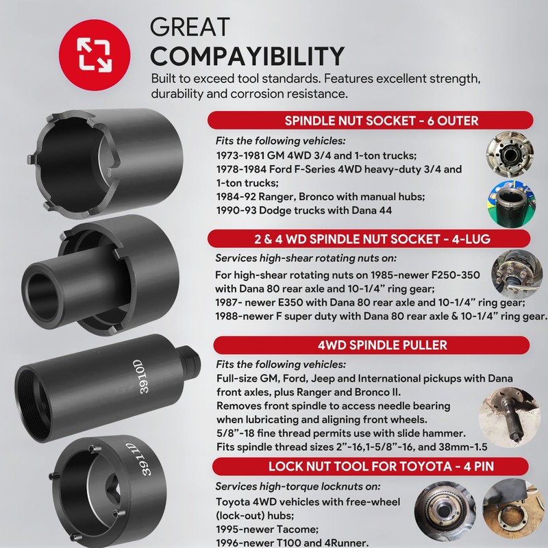 6 Pack Spindle Socket Set, 41660D 4WD Axle Hub Lock