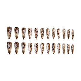 Leopard Print Press on Nails Brown Fake Nails Long Stiletto False Nails with Design Feather Glue on Nails Glossy Artificial Acrylic Full Cover Nude Stick on Nails for Women Manicure 24Pcs