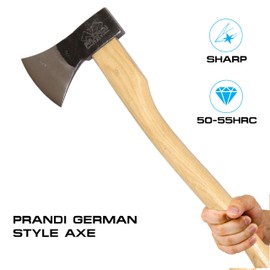 Prandi Axes German C45 Forged Carbon Steel Hatchet - Hickory Handle with Leather String - Ideal for Firewood, Splitting, and Chopping - 23.62" L x 7.36" W, 1000g Head 3.011.10.TH - No Sheath