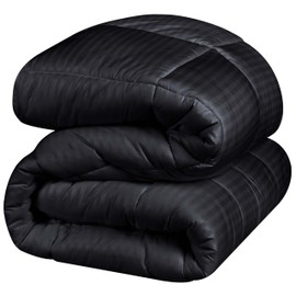 Superior Microfiber Basketweave Comforter, Down Alternative Bedding, Medium Weight, Fluffy, Decorative, Plush Duvet Insert, Oversized Blanket, Box Quilt Design, Monochrome, Full/Queen, Black