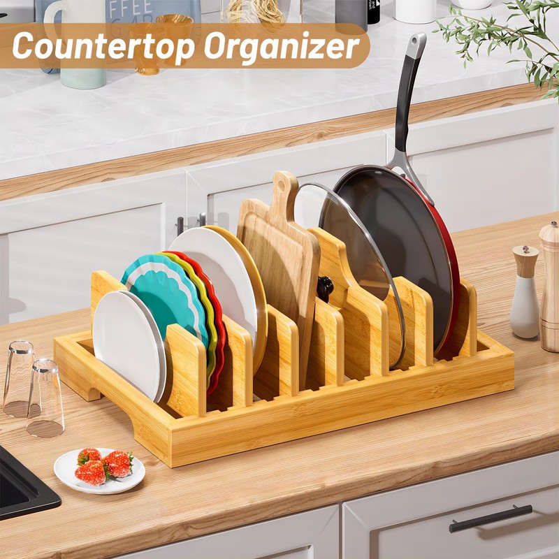 Kiasthome Bamboo Pot and Pan Organizer, Pot Lid Organizer Holder