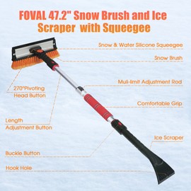 FOVAL 47.2" Extendable Ice Scraper Snow Brush with Squeegee for Windshield Window Car Trucks SUVs, 270° Pivoting Brush Head, Essential Winter Tool Ice Snow Remover with Comfortable Foam Grip