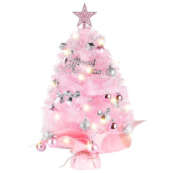 Mini Christmas Tree, Pink, 60 cm, Siebwin Artificial Christmas Tree, Small with Lighting and Treetop Star, Christmas Decoration for Home, Office, Shop, Desktop