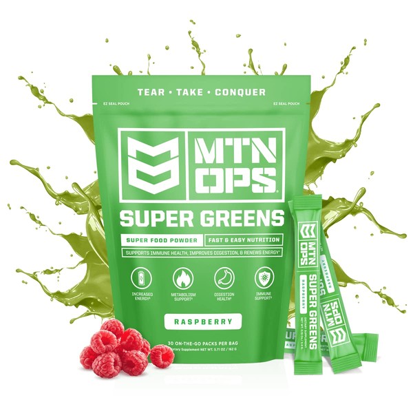 MTN OPS Super Greens Daily Immune Health and Energy Drink Powder – Digestive Health Support Blend Boosted with Chlorophyll-Rich Greens | 30 On-The-Go Packs | Just Add Water