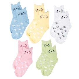 Maiwa Cotton Novelty Cats Seamless Girls Kids Socks 5 Pack (4-6years/16-18cm)