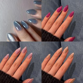 KQueenest 4 Packs Soft Gel Press On Nails Almond, Cat Eye Press On Nails Medium, Brighter Glitter Fake Nails Press Ons Stiletto, Pastel Sparkle Chrome Glue On Nails for Women Gift, 120 Pcs