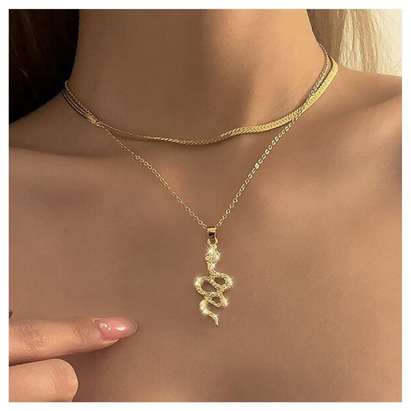 Iaceble Boho Layered Snake Choker Necklace Gold Flat Herringbone Chain