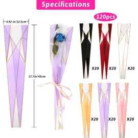 LOAVER 120pcs Single Flower Sleeves Wrapping Bags Single Rose Florist Bouquet Packaging Bags for Floral Arrangement Supply Wedding Valentine's Day Mother's Day