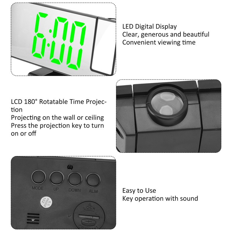Projection Digital Alarm Clock USB Charging Automatic Dimming LED Mirror
