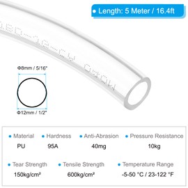 PATIKIL Pneumatic Tubing 1/2 OD 16.4ft, 12mm OD 8mm ID PU Air Line Pipe Tube for Air Compressor Fitting or Fluid Transfer,Clear