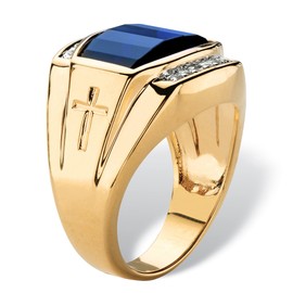 (11) - Men's 5.61 TCW Cushion-Cut Created Blue Sapphire and Diamond Ring 18k Yellow Gold-Plated