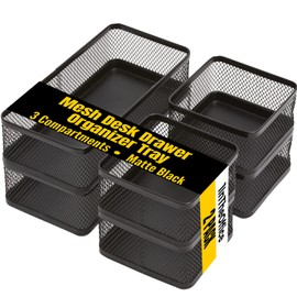 1InTheOffice Mesh Collection Desk Drawer Organizer Tray 3 Compartment - Stackable, Matte Black (2pack)