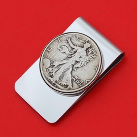 US 1942 Walking Liberty Half Dollar 90% Silver Coin Stainless Steel Money Clip NEW - Silver Plated Coin Bezel