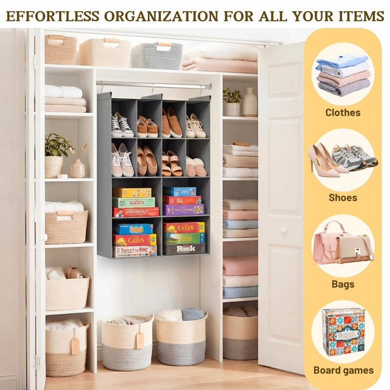 4 Tier Hanging Closet Organizer, 12 Compartments Dual Row Storage,