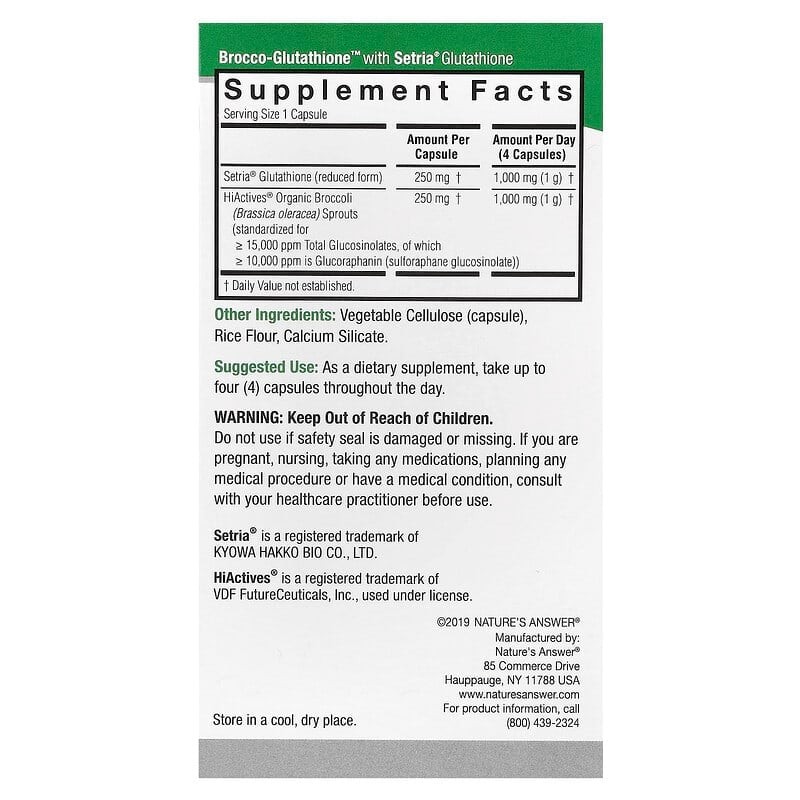 Nature's Answer Brocoglutathione Reduced Glutathione Broccoli 500mg Vegetable Capsules 60