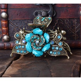Women Lady Retro Rose Flower Imitation Turquoise Hair Claw Clip Vintage Alloy Rhinestone Non-Slip Hair Jaw Clips Hairpin Hair Clamp (Blue, One size)