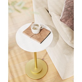 Masupu Drink Table, Round Side Table for Small Spaces, Pedestal Side Table, Small End Table with Metal Base, for Living Room, Bedroom, Bathroom, White Gold
