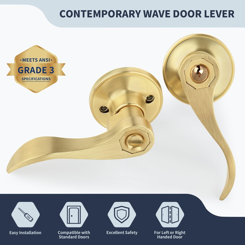 LOQRON Wave Style Gold Door Handles with Lock and Key