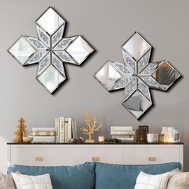 VOHJD Crushed Diamond Decorative Mirror 2 Pack 16.75x16.75” Diamond Shape Glass Decor Wall Mirror for Home Decor, Accent Mirror