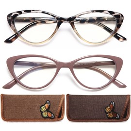 EYEURL Cat Eye Reading Glasses for Women 2 Pair Blue Light Blocking Readers 1.00 Comfort Spring Hinge Lightweight Eyeglasses Anti Glare for Ladies