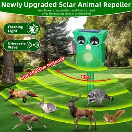 Solar Ultrasonic Animal Repellent Outdoor Coyote Deterrent with Motion Detection & LED Light for Squirrel Mouse Fox Raccoon Skunk Deer Cat Deterrents Animal Repeller with Sound for Farm Yard 2 Pack