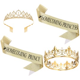 Retrowavy 4 Pcs Homecoming Prince and Princess Crowns and Sashes Set Homecoming Court Belt Crown 80s Prom Tiara Shiny Satin Role Play(Gold)