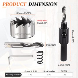 METALLIXITY Hole Saw Kit 18.5mm (23/32"), 4241 High Speed Steel Hole Cutter with Center Drill Bit, Hex Key and Spring - for Soft Metal, Wood, Plastic, Plasterboard, PVC Boards, Silver
