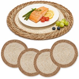4Pcs 12'' Round Woven Placemats Handmade Slip Heat Resistant Wicker Placemats Boho Rattan Chargers for Dinner Plates, Rustic Wicker Place Mats, Straw Braided Table Placemats, Holiday Table Decor