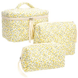 PAZIMIIK 3PCS Makeup Bag SET Large Travel Quilted Zipper Soft Cosmetic Case Pouch for Women Girls Make Up,Floral Yellow