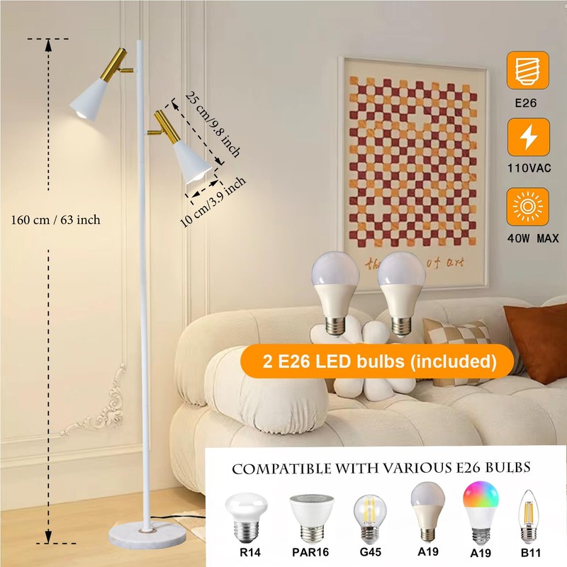 Asmymhd Elegant Modern Floor Lamp with 2 Adjustable Head,White and