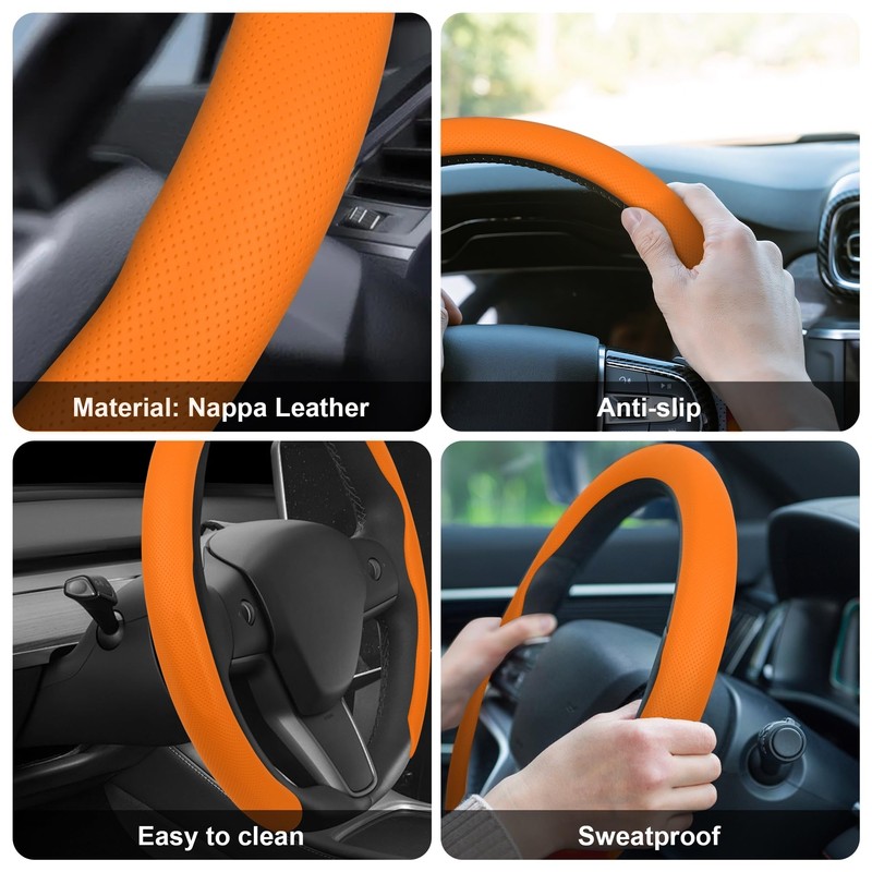 Frani Nappa Leather Steering Wheel Cover,Universal Fit 15 Inch-Premium Non-Slip