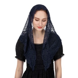 Wgior Velos de capilla de encaje de inspiración clásico estilo triangular, bufanda para cubrir la cabeza, velos de Mantilla para iglesia, Azul marino, L
