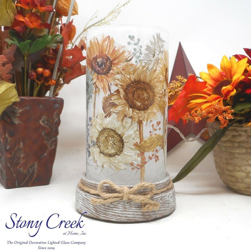 Stony Creek Decorative Lighted Glass Blue Natural Sunflowers 8" Hurricane