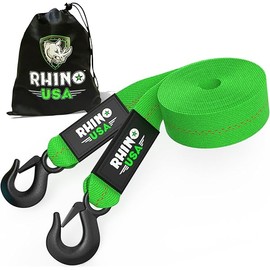 Rhino USA Tow Strap with Hooks (2 Inch x 20 Foot) Lab Tested 10,321lbs Break Strength - Heavy Duty Emergency Towing Straps with Forged Steel Hooks for Roadside Recovery - Not for Off-Road Recoveries