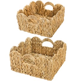 Mezchi Set of 2 Scalloped Wicker Basket, Water Hyacinth Basket with Built-in Handles, Handwoven Natural Grass Weaving Tray, Square Storage Baskets for Organizing, Shelf Decor