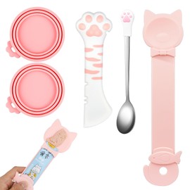 5 PCS Cat Food Can Covers Lids Set, Silicone Pet Food Can Lids with Multi-Function Cat Food Spoon and Opener, Cat Bar Squeezer, Stainless Steel Wet Food Spoon for Cats and Dogs (Pink) (Pink)