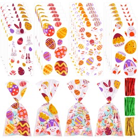 DIYDEC 120pcs Easter Cellophane Candy Bags,Bunny Egg Clear Treat Sweet Goody Bags with Twist Tie for Easter Party Supplies
