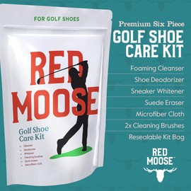 RED MOOSE 7 Piece Golf Shoe Cleaning Kit with White Sneaker Cleaner (Whitener), Foaming Shoe Cleaner, Deodorizer, Stain Eraser, Microfiber Cloth, 2 Brushes & Storage Bag - Golf Gifts for Men & Women