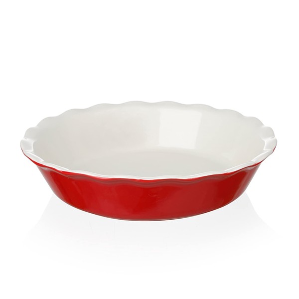 Sweejar Ceramic Pie Pan for Baking, 10 Inches Round Baking Dish for Dinner, Non-Stick Pie Plate with Soft Wave Edge for Apple Pie, Pumpkin Pie, Pot Pies (Red)