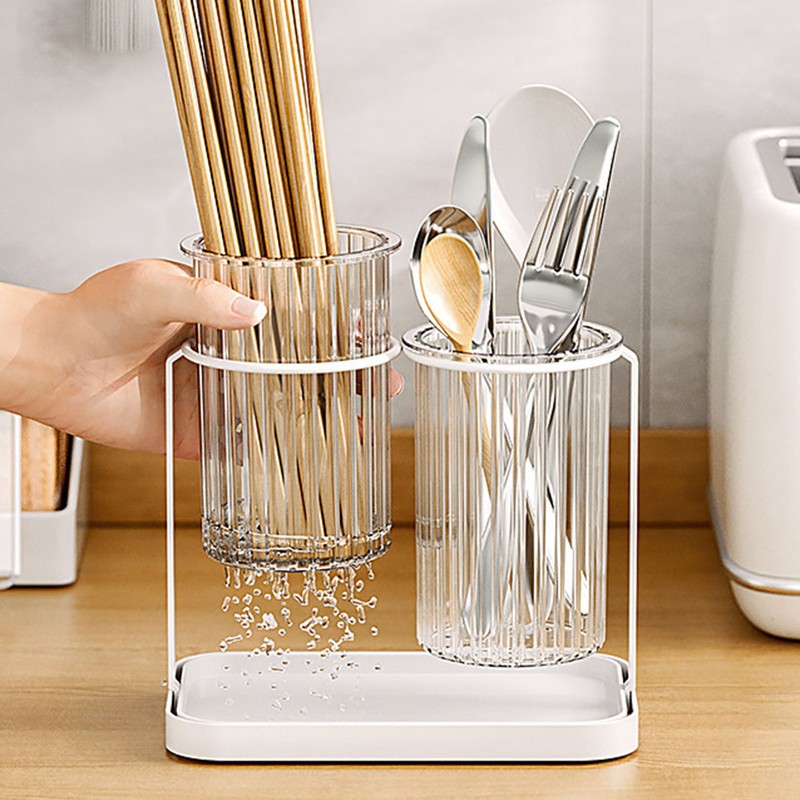 Utensil Holder Organizer for Countertop Chopstick Drainage Box 2 Divided